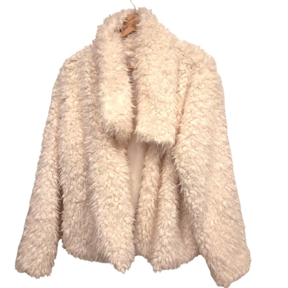 Jou Jou Cream Faux Fur Jacket Soft Glam Cozy Luxe Model Off- Duty Blazer 2X NWT